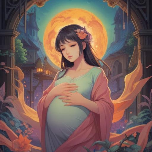 A serene and ethereal scene depicting unexpected pregnancy, surrounded by soft light and gentle colors, a woman with a peaceful expression cradling her abdomen, symbolic elements like blooming flowers and glowing orbs representing new life, a mystical landscape in the background, hinting at spiritual awakening and transformation, calming atmosphere, 4k