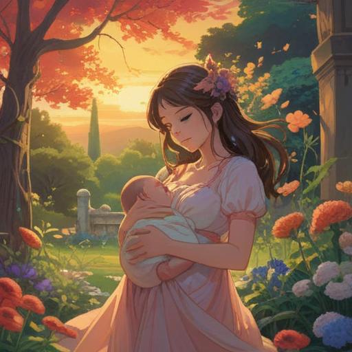 A serene scene depicting a woman in a peaceful garden, cradling her baby bump, surrounded by vibrant flowers and soft sunlight, ethereal aura, symbols of fertility and growth in the background, gentle expressions, harmonious atmosphere, 4k