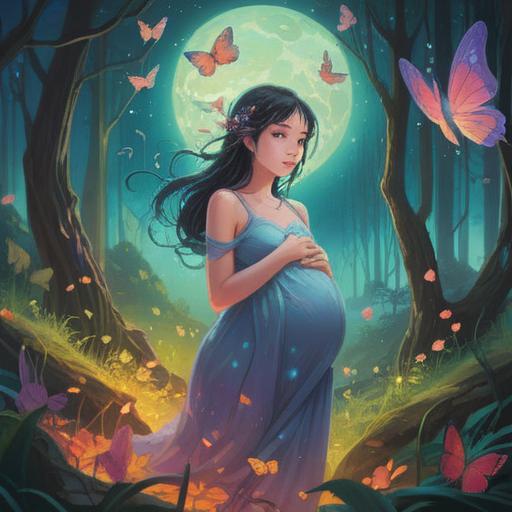 A surreal landscape depicting unexpected pregnancy, a woman holding her belly, ethereal butterflies symbolizing hidden spiritual signs, soft glowing orbs in the background, lush greenery, a mysterious aura, gentle sunlight filtering through the trees, dreamlike atmosphere, inviting yet enigmatic scene, 4k