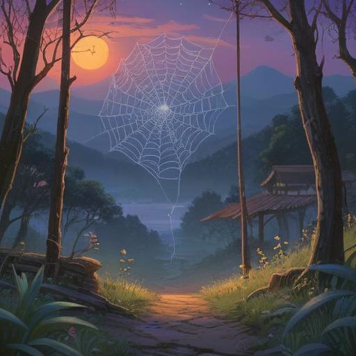 A serene evening scene featuring a majestic spider weaving its intricate web, soft twilight colors illuminating the surroundings, the spider symbolizing spiritual guidance, gentle light filtering through leaves, a sense of tranquility and hope, nature's beauty embodying good omens, 4k
