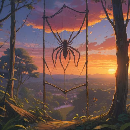 A serene evening scene with a large spider weaving its web, golden hour light casting a warm glow, symbolism of transformation and destiny, intricate details of the spider and its web, hints of spirituality and awareness, nature's tranquility, capturing the essence of spiritual signs, focus on the connection between the observer and the universe, vibrant colors reflecting the mystique of dusk, 4k