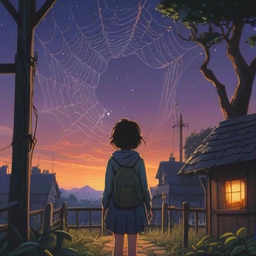 A serene evening scene, a person standing under a twilight sky, gazing at a spider weaving its web, gentle breeze rustling the leaves, a sense of calm and wonder, warm hues of dusk illuminating the surroundings, a feeling of good fortune and positivity in the atmosphere, detailed portrayal of the spider's intricate web, rich with symbolism of luck and opportunity, 4k