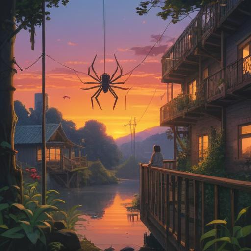A serene evening scene, a curious person observing a spider on a web, soft golden light from the setting sun, gentle breeze rustling leaves, a list of actions floating nearby, nature's tranquility, detailed foliage in the background, peaceful atmosphere, 4k