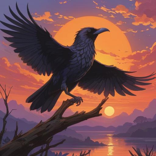 A mystical scene featuring a raven at dusk, symbolizing spiritual transformation, vibrant sunset colors, silhouette of the bird against the evening sky, ethereal glow surrounding the raven, subtle imagery of ancient symbols in the background, serene and contemplative atmosphere, dreamlike ambiance, 4k