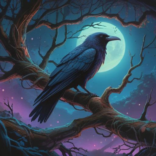 A mystical scene featuring a raven perched on a gnarled branch, moonlit forest backdrop, ethereal glow, symbolic of spiritual insight, gentle mist rising from the ground, serene atmosphere, vibrant night sky filled with stars, representing intuition and good omens, detailed feathers and expressive eyes, 4k