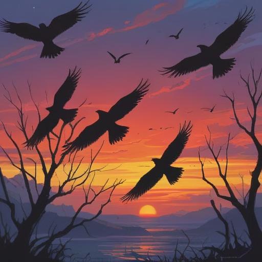 A serene evening scene, crows cawing in the twilight, symbolic spiritual warning, dark silhouettes of crows against a vibrant sunset, sense of mystery and intuition, soft shadows and gentle light, nature's whispers, reflective mood, 4k