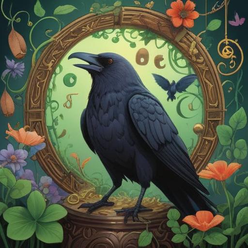 A magical scene depicting a crow cawing, surrounded by various lucky items, such as a four-leaf clover, a horseshoe, a lucky cat, and a wishbone, vibrant colors, enchanting atmosphere, whimsical details, soft glowing light, 4k