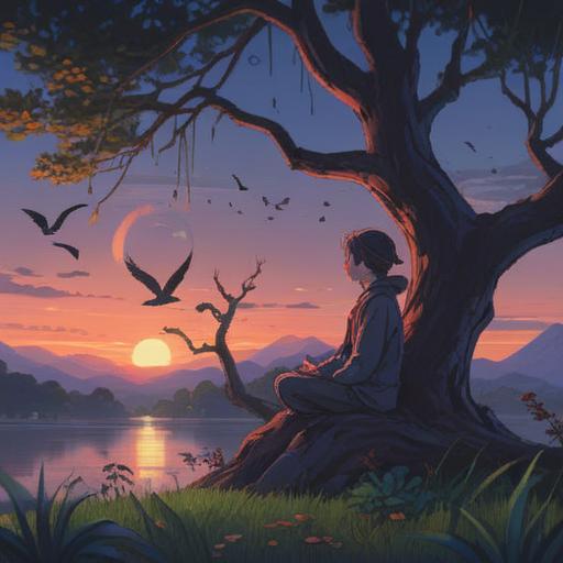 A serene spiritual practice scene, a person meditating under a tree, dark crows perched on branches, soft twilight glow, gentle wind rustling leaves, ethereal energy surrounding the practitioner, harmonious connection with nature, tranquil atmosphere, deep introspection, vibrant colors, mystical ambiance, 4k