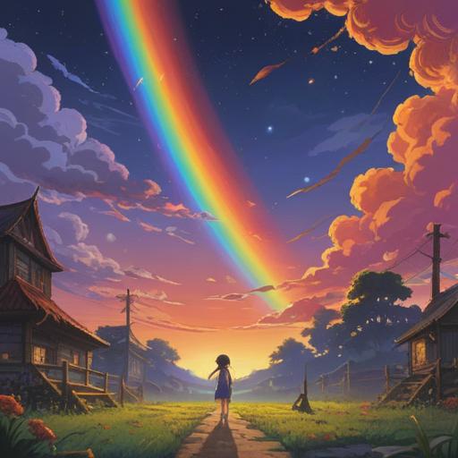 A spiritual sunset scene, vibrant colors blending into warm hues, a rainbow arching gracefully across the sky, symbolic representations of hope and transformation, silhouettes of serene figures meditating, nature elements like trees and mountains in the background, tranquil atmosphere, emotional depth, 4k