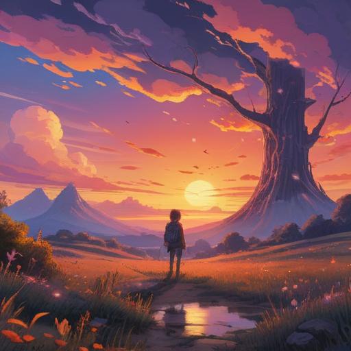 A breathtaking sunset with vibrant hues of orange, pink, and purple, a brilliant rainbow arching across the sky, symbolizing hope and positivity, serene landscape featuring silhouetted trees and a tranquil river, a sense of spiritual awakening and good omens, 4k