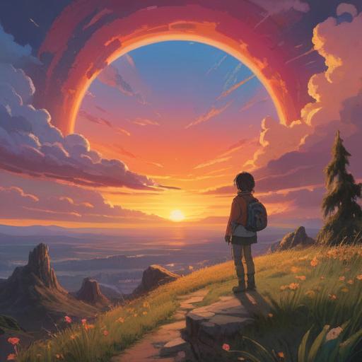 A serene landscape during sunset, vibrant hues of orange and pink in the sky, a radiant rainbow arching over the horizon, a figure meditating in contemplation, gentle waves lapping at the shore, ethereal light illuminating the scene, peaceful atmosphere, mystical symbols subtly incorporated in the clouds, 4k