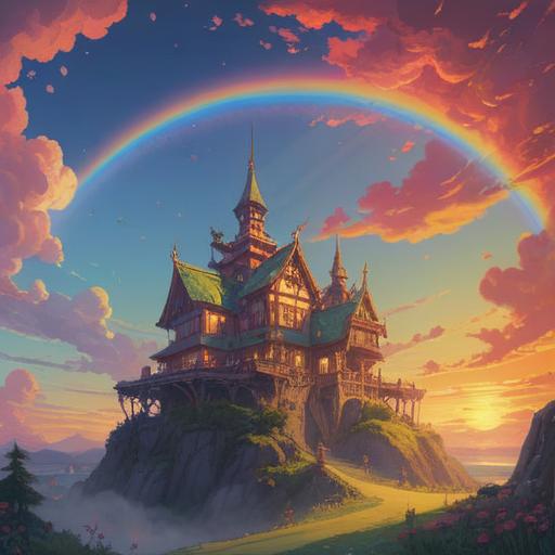 A lucky charm glowing softly in the foreground, vibrant sunset colors blending into the sky, a beautiful rainbow arching above, delicate details on the charm, serene landscape, warm light spreading across the scene, peaceful atmosphere, 4k