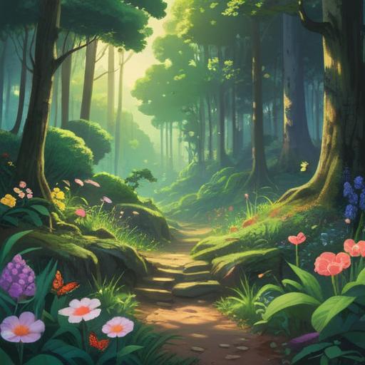 A serene landscape depicting the beauty of nature, lush green forests, vibrant flowers in bloom, gentle sunlight filtering through trees, a peaceful river flowing, a person sitting in contemplation, warm and inviting atmosphere, harmonious color palette, mindfulness and tranquility, 4k
