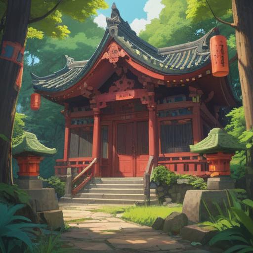 A serene landscape featuring Yuka Shrine surrounded by lush greenery, the shrine's traditional architecture illuminated by soft sunlight, mystical aura radiating from the sacred grounds, peaceful pilgrims offering prayers, ancient trees symbolizing spirituality, tranquil atmosphere, captivating detail, 4k