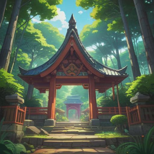 A serene depiction of Yuka Shrine, surrounded by lush greenery, gentle sunlight filtering through the trees, a tranquil atmosphere, symbols of spiritual blessings, signs of good fortune, people paying respects, traditional Japanese architecture, soft shadows, calm and peaceful feeling, 4k