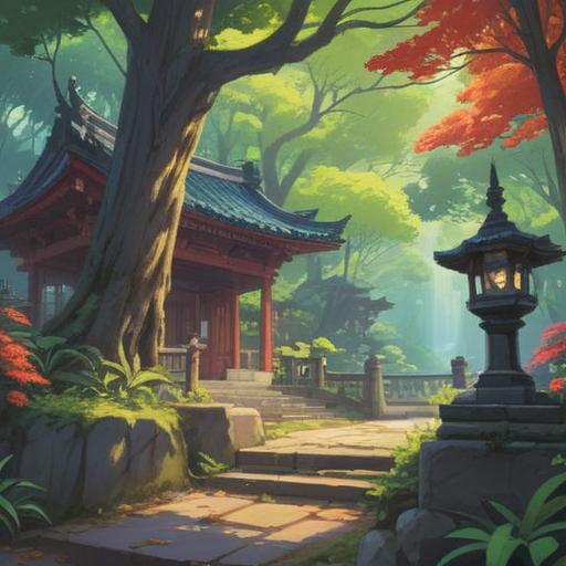 A serene scene at Yuka Shrine, visitors observing spiritual signs, ethereal light filtering through trees, gentle whispers of the wind, symbolic offerings on the altar, peaceful atmosphere, mindful contemplation, harmonious connection with nature, 4k