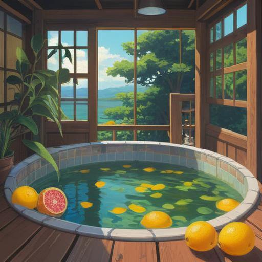 A serene and tranquil illustration depicting a traditional Japanese yuzu bath, warm water filled with fragrant yuzu citrus fruits floating atop, soft steam rising gently, surrounded by nature, symbolizing relaxation and purification, calming atmosphere, reflecting spiritual renewal, inviting and harmonious setting, 4k