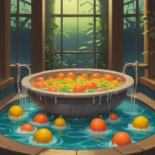 A serene and calming illustration of a yuzu bath, vibrant yuzu fruits floating in warm water, steam rising gently, calming atmosphere with soft lighting, traditional Japanese setting, symbolic representation of spiritual cleansing and rejuvenation, surrounded by delicate nature elements like cherry blossoms and bamboo, peaceful ambiance of relaxation and harmony, 4k