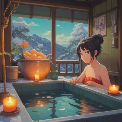 A serene winter scene, a traditional Japanese bath filled with yuzu fruit, warm steam rising, candles placed nearby, subtle hints of spiritual symbols in the water, peaceful ambiance, soothing atmosphere, inviting reflection on wellness and spirituality, 4k