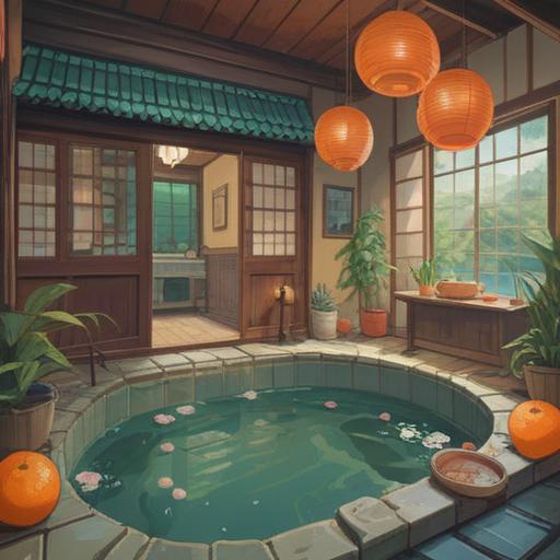 A cozy illustration featuring a traditional Japanese bath filled with yuzuyu, warm steam rising, oranges floating on the surface, a serene bathroom setting, wooden decor, soft lighting that creates a peaceful atmosphere, lucky charms placed around the tub, tranquil ambiance, inviting and calming, 4k