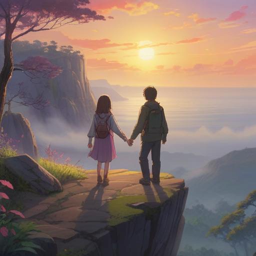 A serene scene depicting the spiritual meaning of friends parting ways, ethereal light illuminating the surroundings, two figures standing on a misty cliff, their silhouettes softly blended with nature, a gentle breeze rustling leaves, symbolic imagery like feathers and doves representing freedom, a sunset casting warm hues, deep emotional connection, 4k