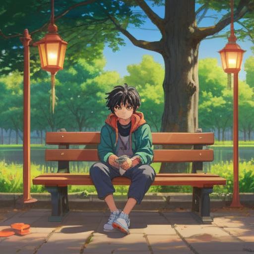 A heartfelt illustration of a lone character sitting on a park bench, holding a symbolic lucky charm, soft sunlight filtering through the trees, gentle breeze rustling leaves, distant laughter of children playing, emotional expression of hope and nostalgia, bright colors contrasting with subtle shadows, capturing the essence of friendship and longing, 4k