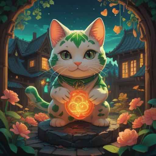 A vibrant illustration of a new beginning, lucky items scattered around, a four-leaf clover glowing softly, a lucky cat statue, a colorful feather, bright sunshine breaking through clouds, an open door symbolizing opportunities, inviting atmosphere, 4k