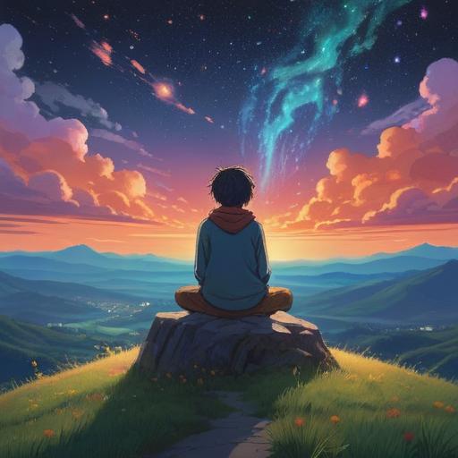 A serene illustration depicting a solitary figure sitting on a hilltop, gazing at a vast starry sky, surrounded by ethereal wisps of light, reflecting on the spiritual journey of loneliness and self-discovery, gentle colors, soft glow, tranquil atmosphere, deep emotional resonance, 4k