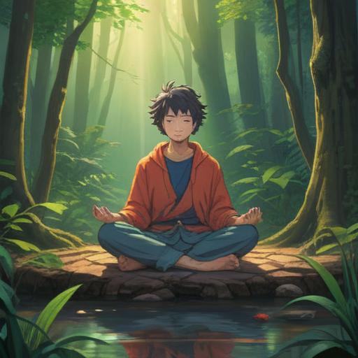 A serene illustration depicting a solitary figure meditating in a tranquil forest, surrounded by ethereal light, representing inner peace and spiritual growth, symbolizing the journey of self-discovery and personal strength, soft color palette, calming atmosphere, gentle light filtering through the trees, 4k