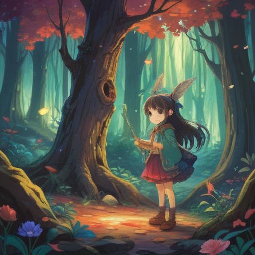 A whimsical illustration of a solitary character discovering a unique lucky charm, vibrant colors, enchanted forest backdrop, shimmers of magic surrounding the charm, feelings of hope and positivity, introspective atmosphere, intricate details on the charm, 4k