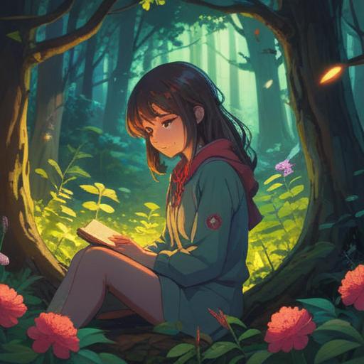 A serene and contemplative scene, a person sitting peacefully in a quiet forest, sunlight filtering through the trees, surrounded by blooming flowers, a journal and pen in hand, deep in thought, symbolizing self-reflection and personal growth, gentle breeze ruffling the leaves, tranquil atmosphere, nature as a source of healing, vibrant colors, 4k