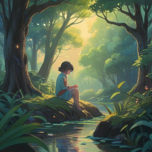A serene scene depicting a person in quiet reflection, surrounded by natural beauty, soft light filtering through trees, a sense of peace and acceptance, symbolic elements like butterflies and blooming flowers representing transformation, a subtle energy aura around the character, hinting at spiritual growth, harmonious color palette, calming atmosphere, 4k