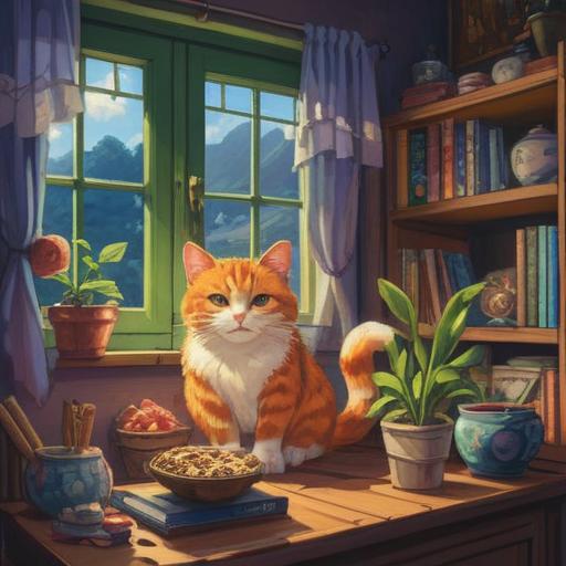 A charming illustration of a cozy room filled with lucky items, a small fortune cat sitting on a windowsill, a four-leaf clover plant on a table, a vibrant dream catcher hanging from the ceiling, light streaming through the window, an inviting and warm atmosphere, symbols of friendship and good fortune, detailed textures, soft lighting, 4k