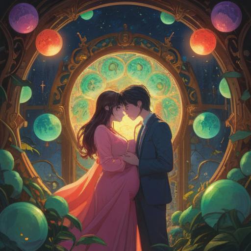A serene and uplifting illustration of a couple joyfully sharing the news of their pregnancy, surrounded by glowing orbs of light symbolizing spiritual blessings, soft pastel colors, a gentle sunrise in the background, nature elements like blooming flowers and butterflies, conveying a sense of hope and new beginnings, 4k