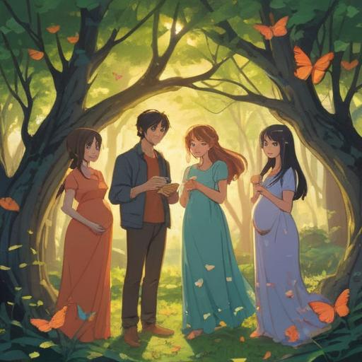 A serene scene depicting a group of friends celebrating a pregnancy announcement, warm sunlight filtering through trees, joyful expressions, symbolic elements like butterflies and blooming flowers, soft pastel colors, a gentle breeze, spiritual symbols subtly integrated, 4k