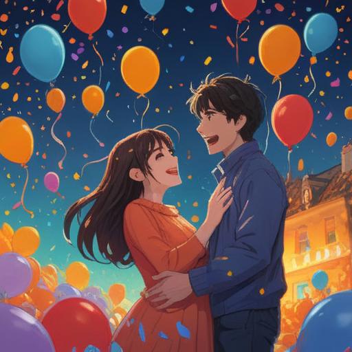 A joyful celebration scene, vibrant colors, excited expressions, a couple receiving pregnancy news, confetti falling, balloons in the background, warm embrace, touches of humor, intimate atmosphere, heartfelt moments, 4k