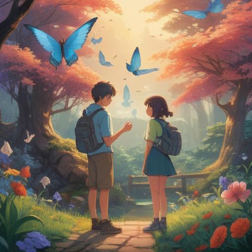 A serene and reflective scene depicting the ethereal connection between friends, soft light illuminating a peaceful landscape, symbolic elements like butterflies and doves representing transformation and spiritual messages, a figure gazing thoughtfully at a sunset, portraying sorrow and hope intertwined, tranquil atmosphere, rich in emotional depth, 4k