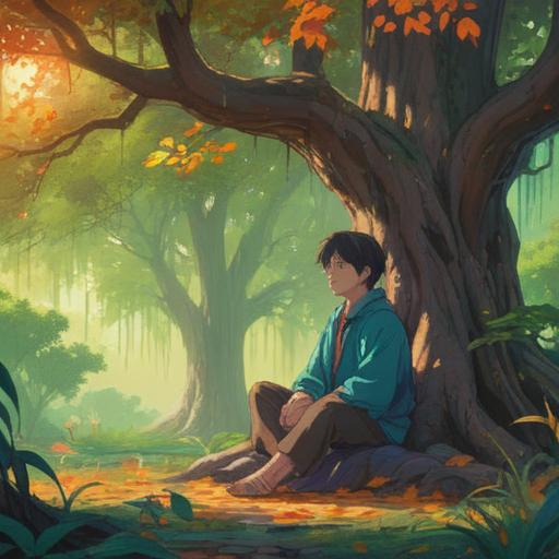 A serene and reflective scene depicting a person sitting under a large tree, soft light filtering through the leaves, symbols of spirituality and renewal surrounding them, vibrant flowers blooming at their feet, a gentle breeze rustling the grass, a sense of peace and connection with the universe, 4k