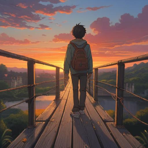 A poignant scene depicting a person standing on a bridge, gazing at the sunset, reflecting on the loss of a friend, soft tears glistening in their eyes, surrounded by a serene landscape, warm colors of the setting sun contrasting with a cool breeze, capturing the essence of grief and newfound perspective, thoughtful expression, 4k