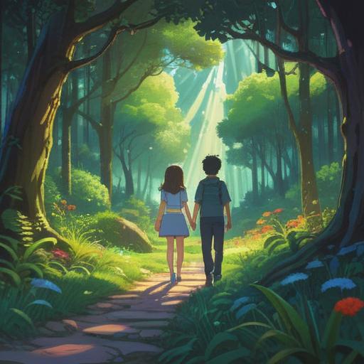 A serene and introspective scene, two friends standing apart in a lush, nature-filled park, a shimmering aura surrounding them, subtle signs of energy imbalance, ethereal light shimmering through the trees, emotional distance represented by fading colors, warm sunlight contrasting with cool shadows, symbolic elements like butterflies or falling leaves, suggestive of change and growth, peaceful yet reflective atmosphere, 4k