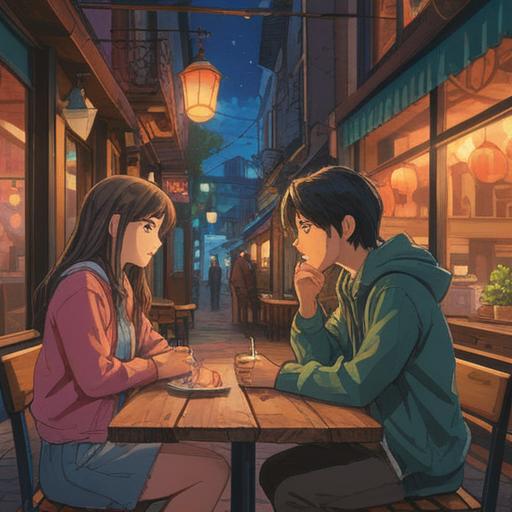 A serene and warm illustration capturing the essence of emotional connection, a cozy café setting with two friends engaged in deep conversation, soft ambient lighting, supportive expressions, shared laughter, gentle body language indicating closeness, a small table adorned with coffee cups, colorful decorations in the background, inviting atmosphere, meaningful glances exchanged, 4k, harmonious color palette.
