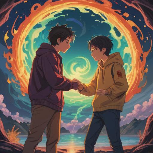 A symbolic illustration of two friends in a heated argument, vibrant energy swirling around them, contrasting colors representing emotions, a backdrop of ethereal landscapes, spiritual elements like glowing orbs and auras, expressions of frustration and sadness on their faces, the scene conveying a deeper meaning of growth and reconciliation, dreamlike atmosphere, 4k