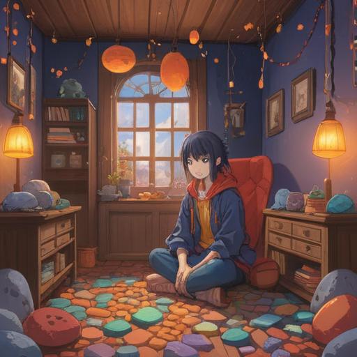 A whimsical illustration of a person sitting alone in a cozy room, surrounded by colorful lucky stones, expressive facial features showing reluctance, soft natural light filtering through a window, a calendar marked with social events in the background, an air of contemplation and comfort, showcasing the theme of wanting to stay in, 4k
