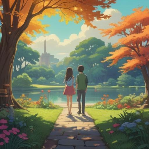 A contemplative scene depicting the significance of maintaining distance among friends, two individuals standing on opposite sides of a serene park, soft sunlight filtering through lush trees, gentle breeze causing leaves to rustle, expressions of thoughtful reflection, subtle emotions conveyed through body language, peaceful atmosphere, 4k