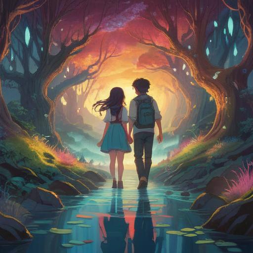 A deep and reflective illustration of two friends drifting apart, intertwining paths symbolizing lost connections, ethereal elements representing spiritual growth, a serene landscape with soft morning light, subtle emotional expression, detailed foliage and distant mountains, a sense of bittersweet acceptance, 4k