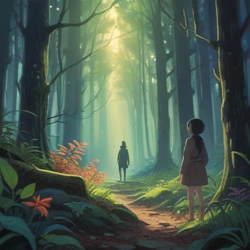 A serene and introspective illustration, two figures standing apart in a softly illuminated forest clearing, ethereal light filtering through the trees, gentle ripples of energy surrounding them, symbolic representations of personal growth and self-discovery, a path leading towards a brighter horizon, harmonious color palette, peaceful atmosphere, conveying positive transformation, 4k