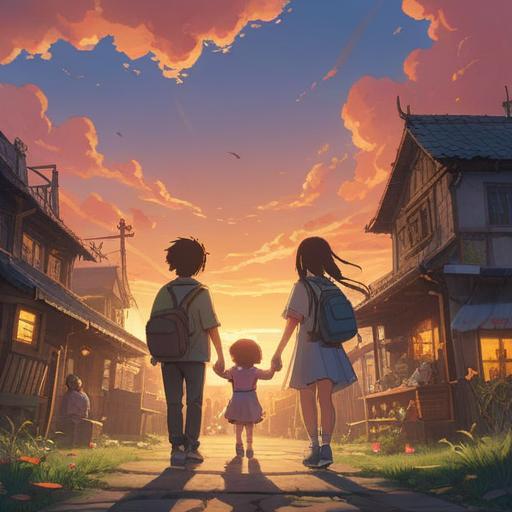 A heartfelt scene of friends parting ways, embracing each other with smiles, tears of joy and sadness, a sunset in the background symbolizing new beginnings, lush green park setting, sentimental expressions, capturing the essence of growth and acceptance, 4k