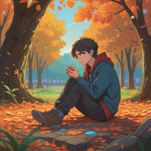A thoughtful scene of a person sitting alone in a park, holding a lucky stone in their hand, looking contemplative, autumn leaves falling around, soft sunlight filtering through trees, expressions of sadness and hope, distant friends laughing together, the contrast of loneliness and the symbol of luck, detailed environment, 4k