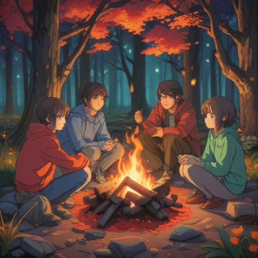 A warm and inviting scene of friends sitting around a campfire, sharing stories and laughter, surrounded by nature, glowing embers and soft light reflecting off their faces, depicting connection and trust, joyful expressions, serene forest background, relaxed atmosphere, emphasizing camaraderie, 4k