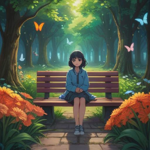 A serene illustration depicting a solitary figure sitting on a park bench, surrounded by vibrant flowers and glowing butterflies, symbolizing spiritual growth and self-reflection, soft light filtering through trees, a gentle breeze moving the leaves, a sense of peace and acceptance, ethereal atmosphere, uplifting energy, colorful and harmonious scenery